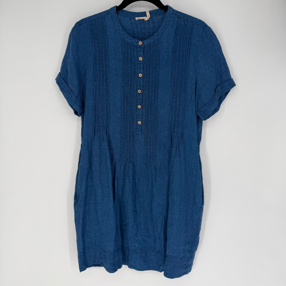 FAHERTY GEMINA BASKETWEAVE LINEN DRESS SMALL BLUE 100% LINEN LIGHTWEIGHT COASTAL